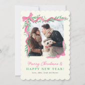 Carte de vœux de vacances à ruban rose et verdure (Devant)