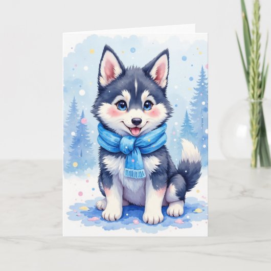 Carte de vœux de vacances avec un chiot husky mign (Devant)