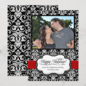 Carte de vœux de vacances noir blanc Damask rouge (Devant / Derrière)