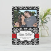 Carte de vœux de vacances noir blanc Damask rouge (Debout devant)