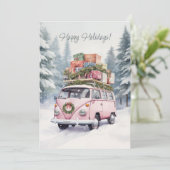Carte de vœux de vacances Van rose plat (Debout devant)