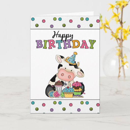 Carte de voeux de vache à anniversaire (Fleur jaune)