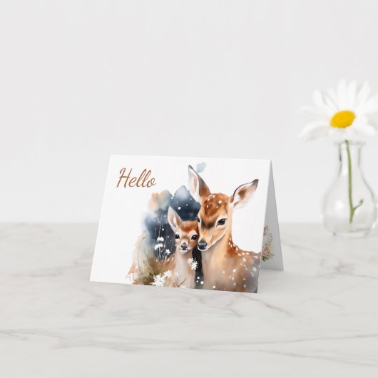 Carte de vœux Douce Biche et Faon à l'aquarelle (Petite plante)