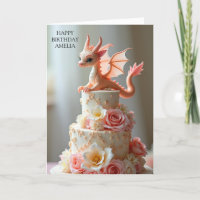 Carte de vœux Dragon Gâteau d'anniversaire rose