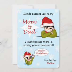 Carte de vœux drôle de Noël d'un fils à ses parent