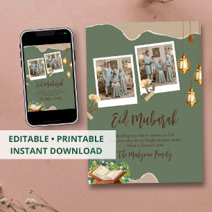 Carte de vœux Eid Mubarak de style vert sauge avec