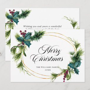 Carte de vœux élégante de Noël avec pin, houx et b