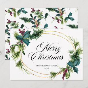 Carte de vœux élégante de Noël avec pin, houx et b
