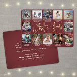 Carte De Vœux En Aluminium 12 Collage de photos et légendes Bourgogne Quelle<br><div class="desc">Quelle année de souvenir ! Envoyez des salutations joyeux et partagez 12 de vos photos préférées avec une carte de vacances en feuille d'or et en bordeaux personnalisée 5x7. Le texte sur ce modèle est simple à personnaliser pour inclure n'importe quel libellé comme Joyeux Noël, Joyeux Fêtes, Joyeuses Fêtes, Fêtes...</div>