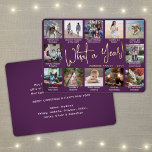 Carte De Vœux En Aluminium 12 Collage de photos et légendes Purple What a Yea<br><div class="desc">Quelle année de souvenir ! Envoyez des salutations joyeux et partagez 12 de vos photos préférées avec une carte de vacances 5x7 photo collage violet et feuille d'or personnalisée. Le texte sur ce modèle est simple à personnaliser pour inclure n'importe quel libellé comme Joyeux Noël, Joyeux Fêtes, Joyeuses Fêtes, Fêtes...</div>
