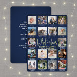 Carte De Vœux En Aluminium 18 Photo Collage & légendes Bleu de la Marine Quel<br><div class="desc">Quelle année de souvenir ! Envoyez des salutations joyeux et partagez 18 de vos photos préférées avec une carte de vacances en feuille d'or et bleu marine 5x7 personnalisée. Le texte sur ce modèle est simple à personnaliser pour inclure n'importe quel libellé comme Joyeux Noël, Joyeux Fêtes, Joyeuses Fêtes, Fêtes...</div>