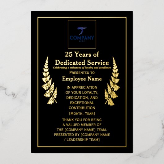 Carte De Vœux En Aluminium 25 Years of Dedicated Service Award Custom Foil  (Recto)