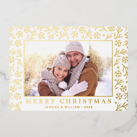 Carte De Vœux En Aluminium 2 Photo Elegant Noël Foliage Or (Recto)
