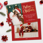 Carte De Vœux En Aluminium 2 photos croient en Noël magique famille rouge<br><div class="desc">Carte de voeux moderne avec l'un de vos portraits de famille de Noël préférés sur la gauche complétée par un cadre en feuille d'or et une formulation qui dit "Croyez en la magie de Noël" sur la droite sur un arrière - plan rouge festif, personnalisable avec votre propre message de...</div>