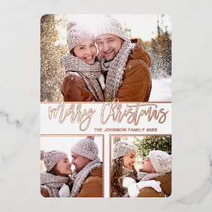 Carte De Vœux En Aluminium 3 PHOTO Simply Elegant Sparkle Christmas Rose Gold