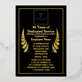Carte De Vœux En Aluminium 45 Years of Dedicated Service Award Custom Foil 