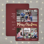 Carte De Vœux En Aluminium 4 Photo Bourgogne Joyeux Noël Collage moderne<br><div class="desc">Envoyez des salutations joyeuses et partagez vos photos préférées avec une carte de vacances personnalisée quatre photos collage bordeaux et feuille d'or. Tout le texte sur ce modèle est simple à customiser pour inclure n'importe quel libellé, comme Joyeux Noël, Joyeux Fêtes, Joyeuses Fêtes, Bonne Année, Soirée de voeux, etc. (IMAGE...</div>