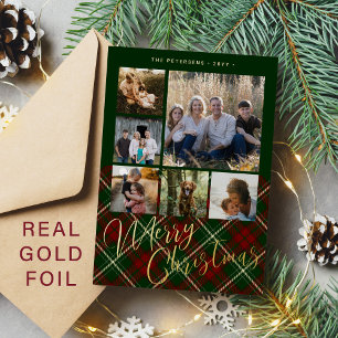 Carte De Vœux En Aluminium 6 photos Joyeux Noël famille rouge vert or