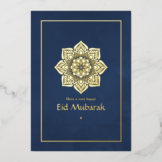 Carte De Vœux En Aluminium Aïd Moubarak Marine bleu et or (Recto)