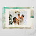 Carte De Vœux En Aluminium Aquarelle Abstraite en Vert Or Personnalisé Photo<br><div class="desc">Carte de Fête de Aquarelle Abstraite Élégante en Vert Or Personnalisé avec Feuille d'Or</div>