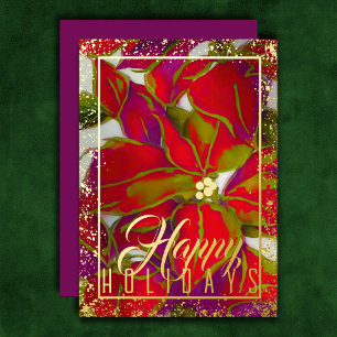 Carte De Vœux En Aluminium Aquarelle Abstraite Noëls Poinsettia Rouge Purpl