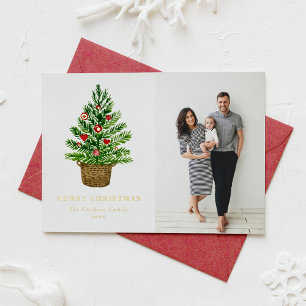 Carte De Vœux En Aluminium Aquarelle Arbre de Noël sur un panier d'osier Phot