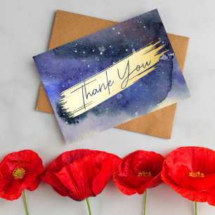 Carte De Vœux En Aluminium Aquarelle bleu moderne or Script Merci chic