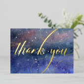 Carte De Vœux En Aluminium Aquarelle bleue Merci céleste or moderne (Debout devant)