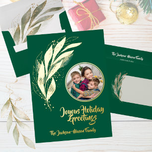 Carte De Vœux En Aluminium Aquarelle couleur or vert feuille photo Noël