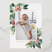 Carte De Vœux En Aluminium Aquarelle Holly Gold Foil Happy Holidays Photo (Recto)