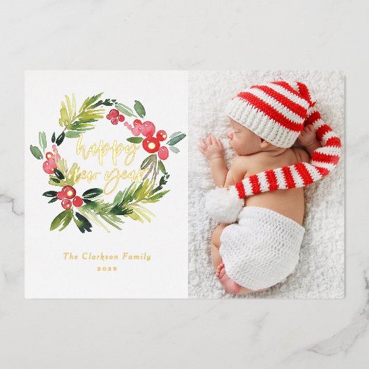 Carte De Vœux En Aluminium Aquarelle Holly Wreath Happy New Year Photo (Recto)