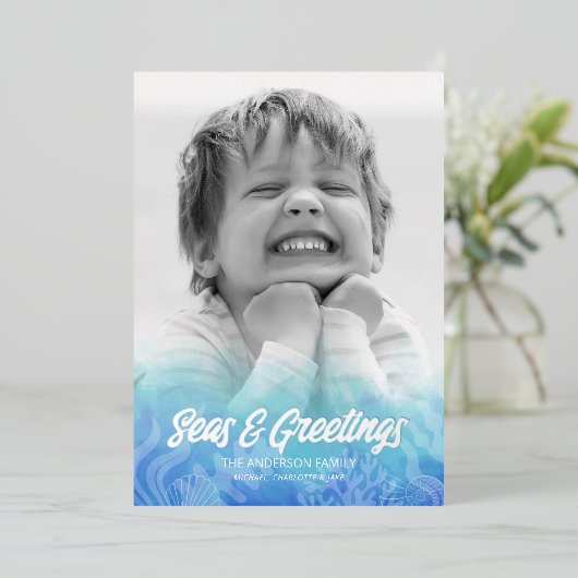 Carte De Vœux En Aluminium Aquarelle Mers & Vœux Feuille d'Argent (Debout devant)