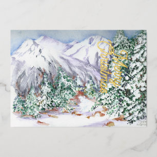 Carte De Vœux En Aluminium Aquarelle Paysage de montagne de neige avec pins