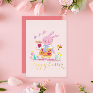 Carte De Vœux En Aluminium aquarelle rose lapin de pâques dans le jardin