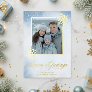 Carte De Vœux En Aluminium Aquarelle Snowflake Blue Photo Joyeuses Fêtes