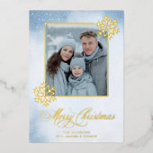 Carte De Vœux En Aluminium Aquarelle Snowflake Blue Photo Joyeux Noël (Recto)