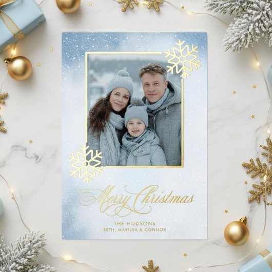 Carte De Vœux En Aluminium Aquarelle Snowflake Blue Photo Joyeux Noël