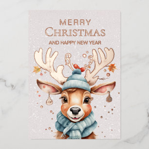 Carte De Vœux En Aluminium Aquarelle Whimsical Christmas Reindeer Rose Gold