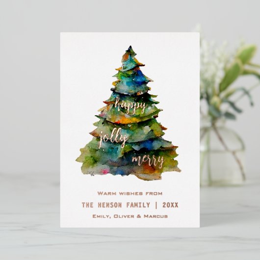 Carte De Vœux En Aluminium Arbre de Noël Aquarelle Joyeux Jolly Happy (Debout devant)
