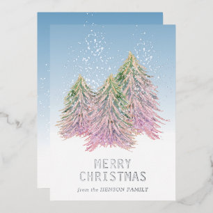 Carte De Vœux En Aluminium Arbre de Noël artistique aquarelle rose vert