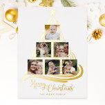 Carte De Vœux En Aluminium Arbre de Noël Gold Foil Famille Multiphoto<br><div class="desc">Faites ressortir vos voeux de Noël avec ce collage photo de vacances unique avec un arbre de Noël stylisé moderne fait de tourbillons en véritable modèle de feuille d'or pour six photos de famille carrés. Inclut les salutations "Joyeux Noël" en police de calligraphie or personnalisée et champ de texte modifiable...</div>