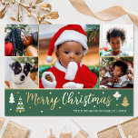 Carte De Vœux En Aluminium Arbre de Noël Gold Photo personnalisée Forêt verte<br><div class="desc">Faites passer la fête de Noël avec des cartes de Noël en feuille d'or de luxe! Six photos personnalisées avec votre nom de famille et un accueil au dos. Ce design personnalisé présente des arbres décoratifs et des étoiles, avec les mots "Joyeux Noël" en lettres de script festives. Parfait pour...</div>