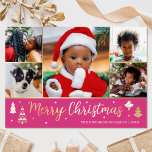 Carte De Vœux En Aluminium Arbre de Noël Or Photo personnalisée rose luxe<br><div class="desc">Faites passer la fête de Noël avec des cartes de Noël en feuille d'or de luxe! Six photos personnalisées avec votre nom de famille et un accueil au dos. Ce design personnalisé présente des arbres décoratifs et des étoiles, avec les mots "Joyeux Noël" en lettres de script festives. Parfait pour...</div>
