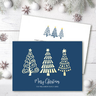 Carte De Vœux En Aluminium Arbres de Noël Bleus Script Nom Or Réel