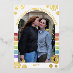 Carte De Vœux En Aluminium Arc-en-ciel Stripes Gold Snowflakes Happy Holigays