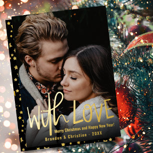 Carte De Vœux En Aluminium Avec Love Photo Black Gold Stars Joyeux Noël