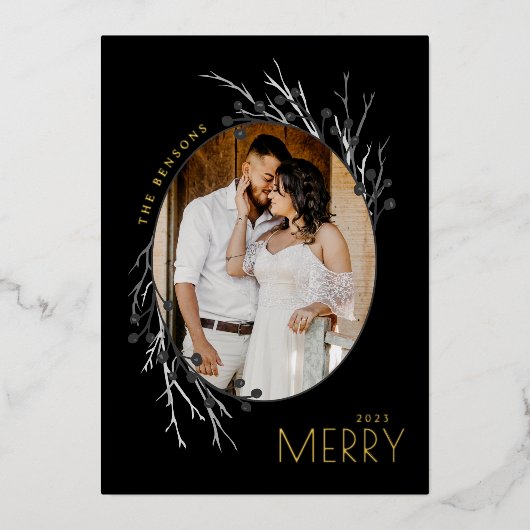 Carte De Vœux En Aluminium Baies d'hiver Branches joyeuses Gris Noir Réel (Recto)