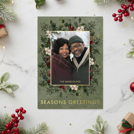 Carte De Vœux En Aluminium Baies d'hiver rustiques Salutations de Noël vertes