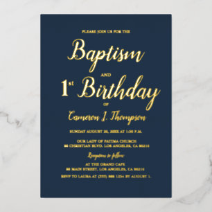 Carte De Vœux En Aluminium Baptême bleu marine et or et 1er anniversaire