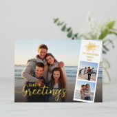 Carte De Vœux En Aluminium Beach Christmas Script 3 Photo Collage Gold (Debout devant)
